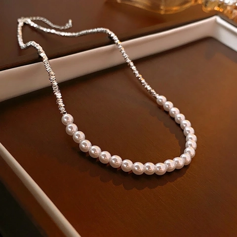 Artificial Pearl Necklace For Women Alloy Crushed Silver Color Geometric Beads Elegant Minimalist Clavicle Chain Choker Adjustable