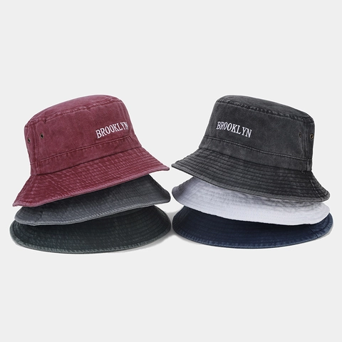 Brooklyn Embroidered Bucket Hat Washed Cotton Vintage Retro Streetwear Sun Protection Breathable Outdoor Fisherman Cap