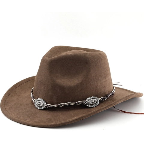 Cappello Da Cowboy Western Scamosciato Tesa Larga Retro Vintage Stile Etnico Fascia Intrecciata Decoro Metallo Argento