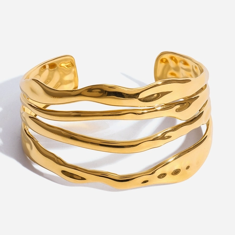 Open Cuff Bracelet 18K Gold Plated Stainless Steel Four Layer Wave Hollow Design Minimalist Liquid Metal Style Women