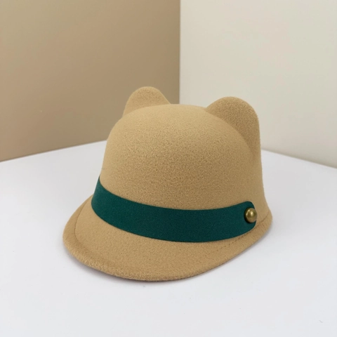 Kids Cute Cat Ears Wool Felt Bowler Hat Equestrian Knight Style Cap With Contrast Ribbon Gold Rivet Accessory For Girls