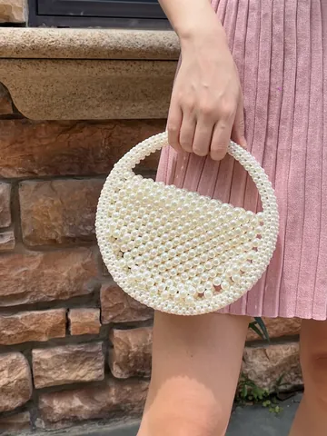 Borsa A Mano Con Perline Fatta A Mano Künstliche Perle Sintetiche Metallo Manico Tondo Cavo Borsa Da Sera Intrecciata Vintage Niche