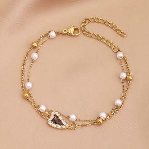 Double Layer Bracelet For Women Stainless Steel Heart Pendant With Imitation Artificial Pearl And Zircon Adjustable Minimalist Jewelry