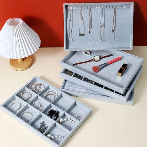 Vassoio Espositore Gioielli In Velluto Organizzatore Per Anelli Orecchini Collane Occhiali Cassetto Grigio