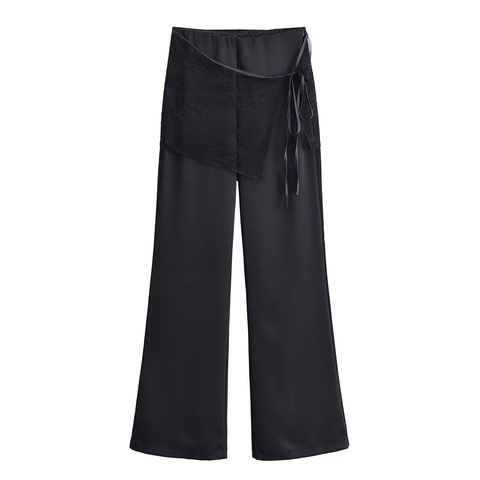 Elegante Weite Hose Für Damen Hohe Taille Schwarz Spitze Wickel Satinband Bindung Gerade Bein Hose Büro Freizeit