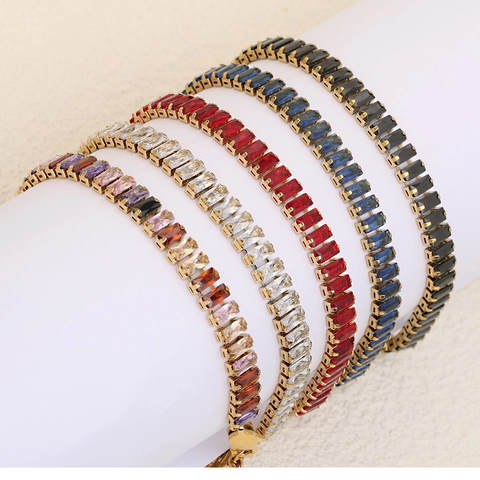 Luxury Stainless Steel 18K Gold Plated Zirconia Tennis Necklace Bracelet For Women Geometric Rectangle Gemstone Jewelry