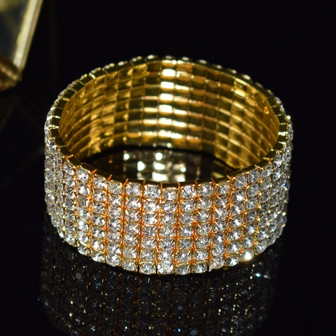 Elegant Stretchy Rhinestone Bracelet And Elastic Ring Alloy Crystal Multi Row Wide Bling Bridal Wedding Party Jewelry