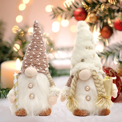Gnomo De Navidad Peluche LED Iluminado Adorno Tomte Nórdico Base De Madera Gorro De Punto Piel Sintética Decoración Mesa