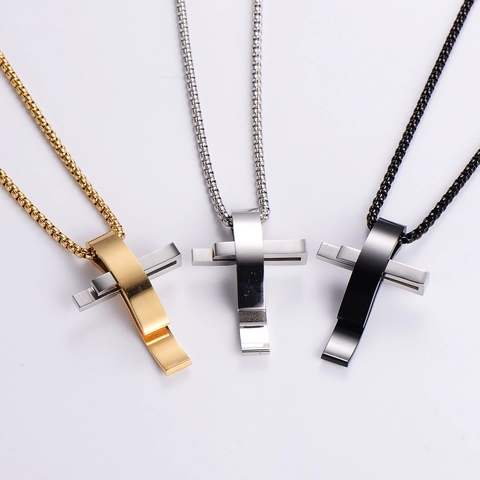 Collar Con Colgante De Cruz Acero Inoxidable Doble Capa Joyería Religiosa Para Hombres Y Mujeres Cadena De Caja Elegante