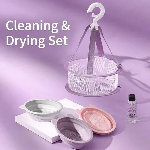 Silicone Makeup Brush Cleaner Bowl Foldable Cosmetic Sponge Cleaning Tool With Hanging Drying Mesh Bag Cat Ear Design