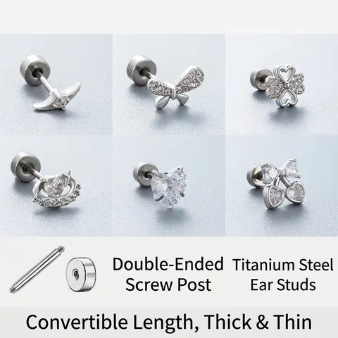 Zircon Ear Bone Stud Earrings Titanium Steel Screw Back Heart Butterfly Clover Planet Shapes For Women Piercing Jewelry