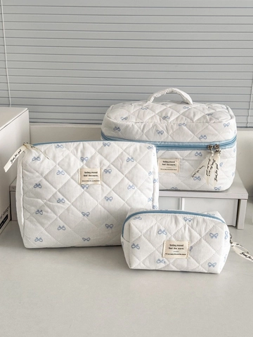 Borsa Trucco In Cotone Trapuntato Con Stampa Fiocco Cerniera Blu Grande Capacità Organizer Da Viaggio Portatile