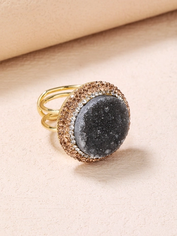 Statement Ring Natural Agate Druzy Round Disc Alloy Rhinestone Inlaid Open Adjustable Vintage Bohemian Jewelry For Women