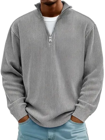 Uomo Top a Maniche Lunghe in Velluto a Coste Collo in Piedi con Cerniera Polo Casual Pullover a Costine Tinta Unita Moda Autunno Inverno Abbigliamento Uomo