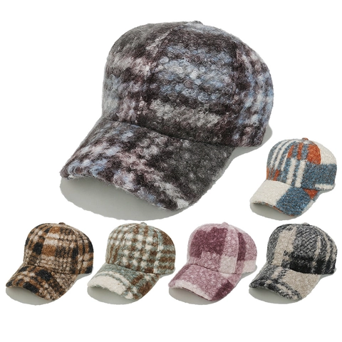Retro Plaid Bouclé Baseball Cap Autumn Winter Warm Polyester Adjustable Sun Hat For Men Women