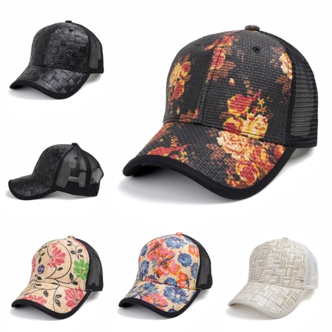 Floral Print Straw Woven Mesh Trucker Hat Breathable Summer Sun Protection Adjustable Snapback Baseball Cap For Women Men