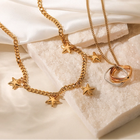 18K Gold Plated Stainless Steel Star Pendant Necklace Geometric Interlocking Rings Fashion Jewelry For Women