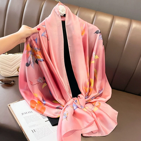 Elegante Sciarpa in Raso Floreale da Donna Grande Scialle Protezione Solare Copricostume Estivo Spiaggia Motivo Botanico Sottile Sciarpa