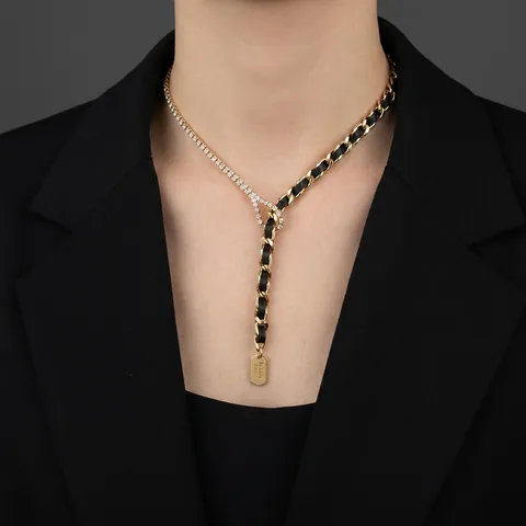 Y-Form Halskette Legierung Strass Band Geflecht Good Luck Anhänger Gold Ton Mode Statement Schmuck Damen