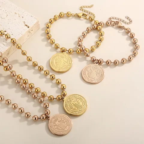 Medaglia San Benedetto Ritratto Religioso Acciaio Inossidabile Collana A Sfere E Bracciale Gioielli Di Moda Vintage Donne
