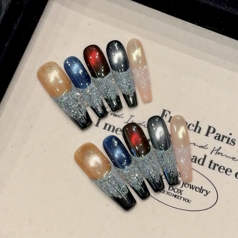 Handmade Long Coffin Press On Nails Cat Eye Sparkling Glitter Dark Aesthetic Starry Sky Elegant Manicure Accessory