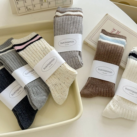 Slouch Socks Combed Cotton Ribbed Knit Striped Cuffs Speckled Dots Yarn Mid Calf Height Japanese Style Breathable For Women