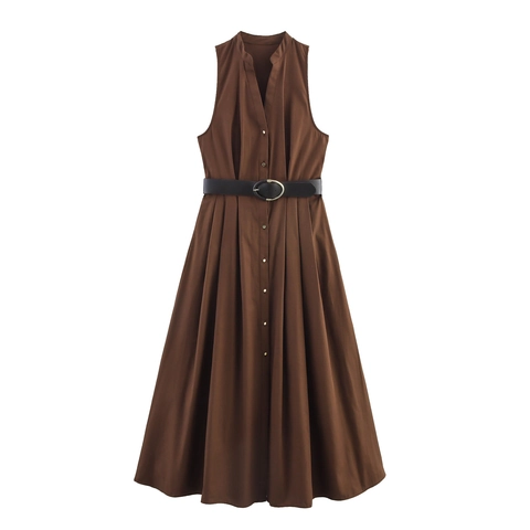 Mouwloze Polyester Maxi Jurk Met V-Hals En Riem Vrouwen Elegant Geknoopt Geplooid A-Lijn Effen Kleur Zomerjurk