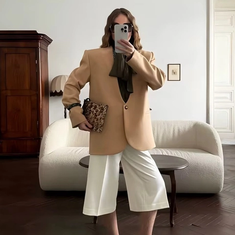 Chaqueta Blazer Holgada Para Mujer Cuello En V Botón Único Color Sólido Manga Larga Poliéster Moda Ropa De Abrigo Profesional