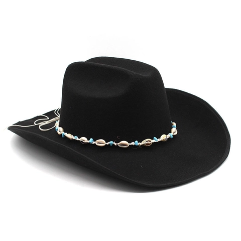 Western Cowboy Hat Wool Felt Wide Brim Ethnic Bohemian Shell Turquoise Bead Band Retro Outdoor Fedora For Men Women