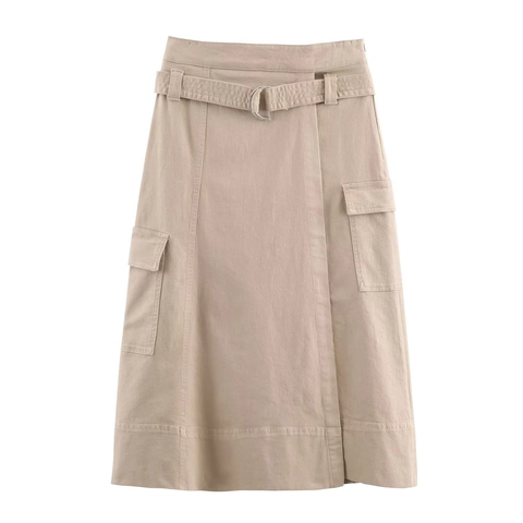 Women Cargo Midi Skirt High Waist Solid Color Twill Fabric With Belt Side Pockets Casual Streetwear Style