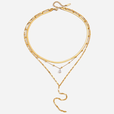 Multi Layer Necklace 18K Gold Plated Stainless Steel Teardrop Zircon Pendant Snake Bead Chain Waterproof For Women