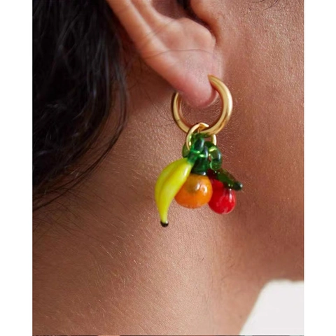 Handmade Lampwork Glass Fruit Drop Earrings Creative Cherry Banana Orange Pendants Gold Plated Alloy Hoop Earrings For Women