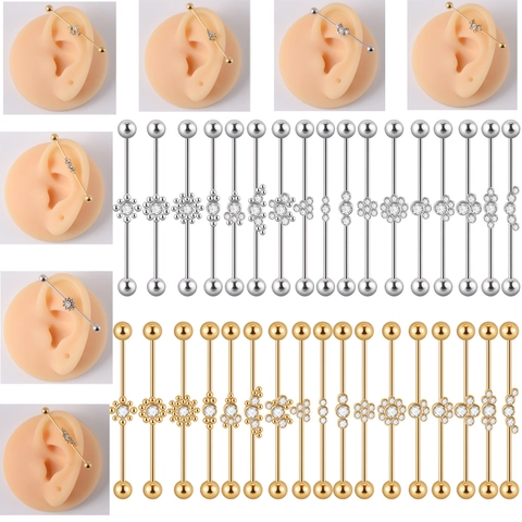 Pendientes Barbell Industrial Acero Inoxidable Flor Strass Piercing Cartílago Joyería Corporal Minimalista Simple