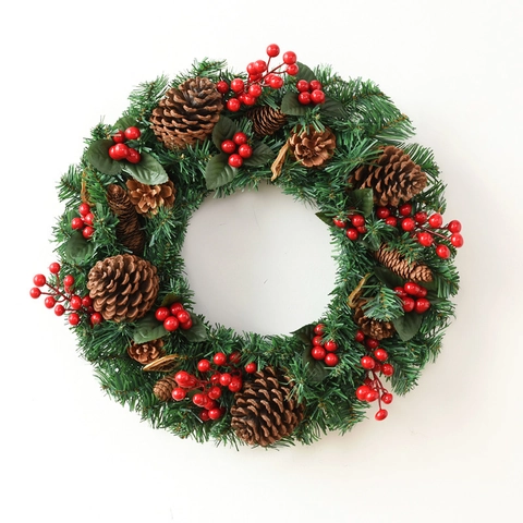 Corona De Navidad Artificial Con Agujas De Pino Piñas Bayas Y Cinta Para Decoración De Puertas Paredes Ornamento Festivo