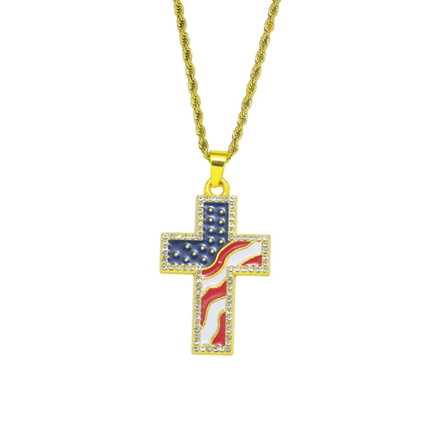 Amerikaanse Vlag Kruis Hanger Ketting Strass Emaille Legering Roestvrij Staal Touwketting Hip Hop Sieraden