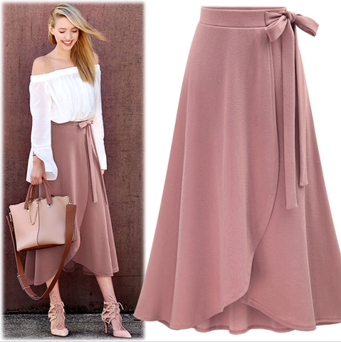 Women High Waist Irregular Slit Midi Skirt Solid Color Wrap Big Swing Long Skirt With Bow Tie Dusty Pink Green Black Casual Bottom