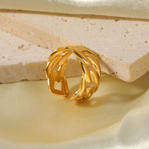 Adjustable Ring 18K Gold Plated Stainless Steel Cuban Chain Link Wide Open Design Minimalist Fashion Jewelry For Women