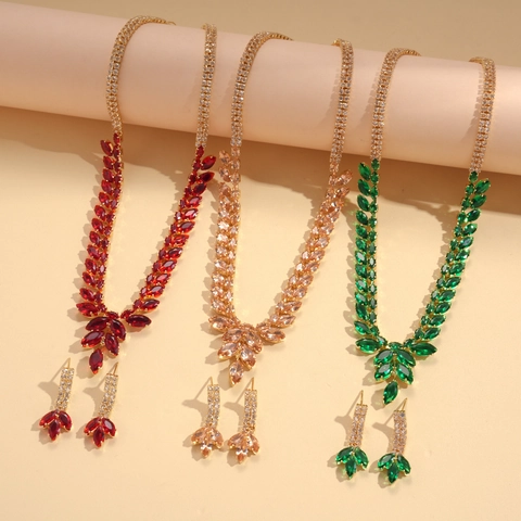 Elegant Leaf Wheat Ear Shape Copper Zircon V-Shape Drop Necklace And Dangle Earrings Jewelry For Women Wedding Party Evening