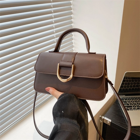 Retro PU Leather Crossbody Bag Women Small Square Handbag Gold D-Ring Buckle Adjustable Shoulder Strap Daily Chic Style