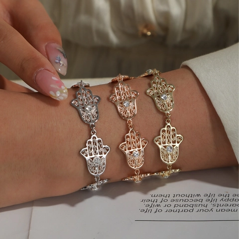 Bracciale Mano Di Hamsa Lega Di Rame Traforato Occhio Del Male Protezione Zirconia Nicchia Catena Regolabile Gioielli Per Donna