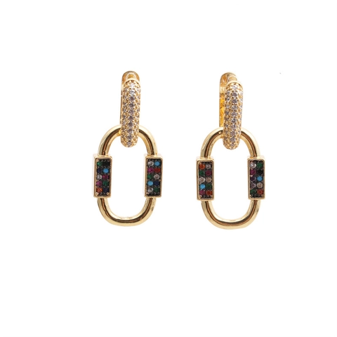Luxury 18K Gold Plated Copper Geometric Stud Earrings With Multi Color Zircon Stones Elegant Chain Link Jewelry For Women