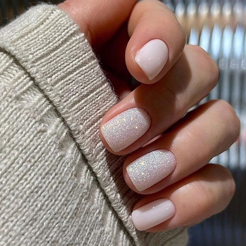 Press On Nails Short Square Round Light Pink Aurora Shimmer False Nails Sweet Gentle Korean Style For Women Daily Wear