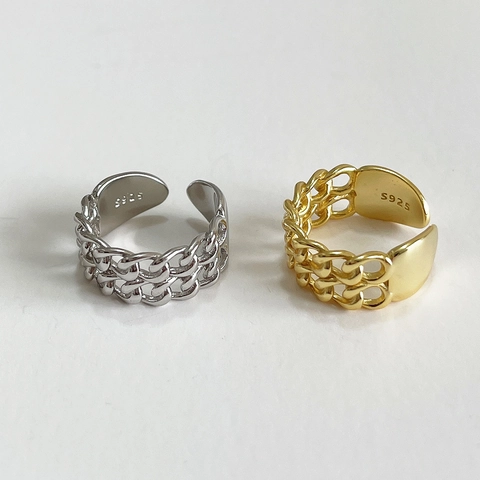 Double Chain Linked Ring 925 Sterling Silver Open Adjustable Minimalist French Style Finger Jewelry For Women Gold Silver