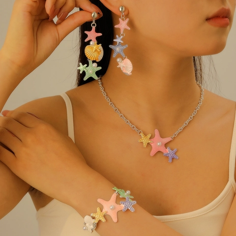 Set di Gioielli in Lega Colorata con Stella Marina e Conchiglia Multicolor Smalto Collana Braccialetto Orecchini per Donna Spiaggia Estiva