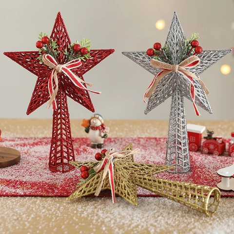 Puntale Per Albero Di Natale Stella Scintillante Pentagramma Cavo Con Fiocco Bacche Aghi Di Pino Decorazione Festiva