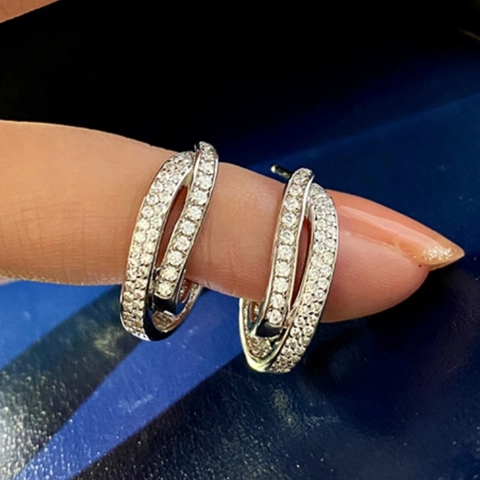 J Shaped Curved Earrings For Women Copper Plated With Zircon Irregular Double Row Geometric Sparkly Trendy Jewelry