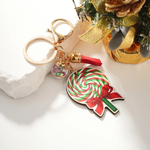 Noël Porte-clés en Bois Père Noël Gland Pendentif Boule de Verre Sucette Chaussette Gnome Cloche Flocon de Neige Cadeau