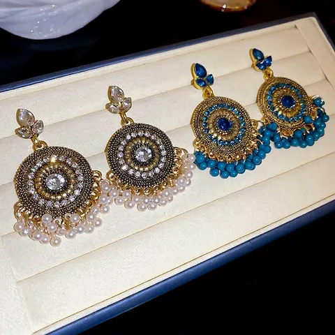 Orecchini Pendenti Bohemien Etnici Lega Strass Perline Nappa Frangia Gioielli Vintage Con Perno In Argento