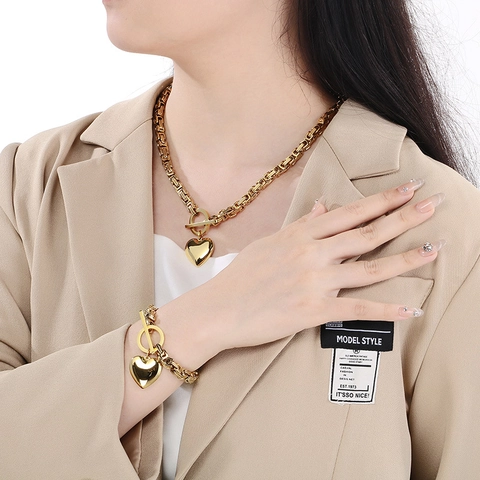 Collana E Bracciale Con Pendente A Cuore Acciaio Inossidabile Catena Bizantina Chiusura Toggle Gioielli Moda Donna