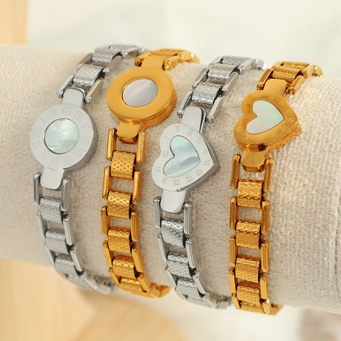 Stainless Steel Bracelet With White Mother Of Artificial Pearl Heart Round Pendant Roman Numerals 18K Gold Plated Watch Band Chain